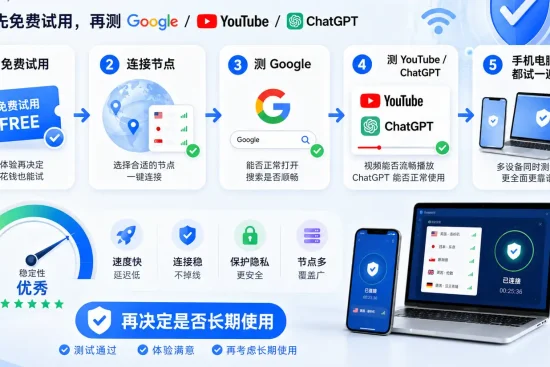 2026 年梯子免费试用稳定性测试指南特色图，展示新手通过免费试用、连接节点、测试 Google、YouTube、ChatGPT 和手机电脑多设备来判断梯子是否稳定。