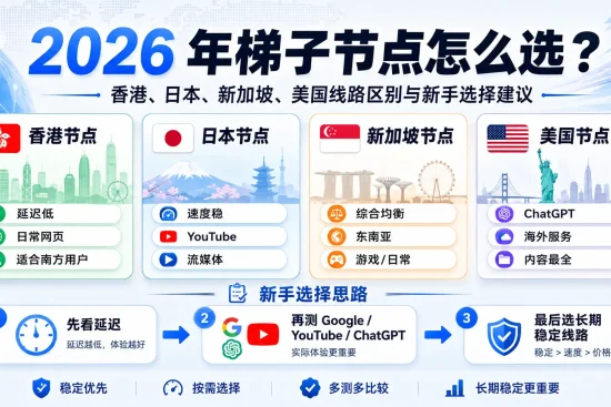2026 年梯子节点怎么选特色图，展示香港、日本、新加坡、美国线路的区别与新手选择建议，帮助用户按速度、延迟和使用场景选择合适节点。