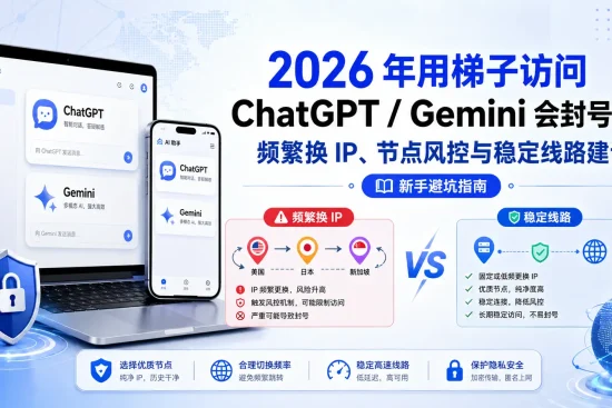 2026 年用梯子访问 ChatGPT 和 Gemini 是否会封号的特色图，展示频繁换 IP、节点风控、美国日本新加坡节点选择和稳定线路访问建议。