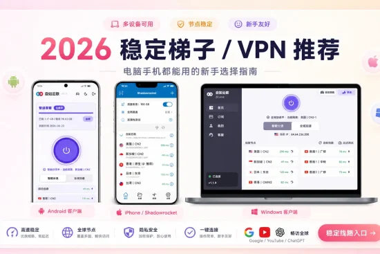 2026 稳定梯子和 VPN 推荐，支持 Android、iPhone 小火箭和 Windows 电脑多设备使用