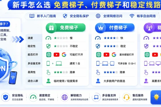2026 年 VPN 梯子是什么意思新手选择指南特色图，展示免费梯子、付费梯子和稳定线路的区别，并对比速度、稳定性、Google、YouTube、ChatGPT 访问和多设备支持。