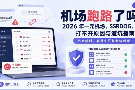 机场跑路了吗？2026 年一元机场、SSRDOG、奈云官网打不开、节点超时原因与避坑判断指南。