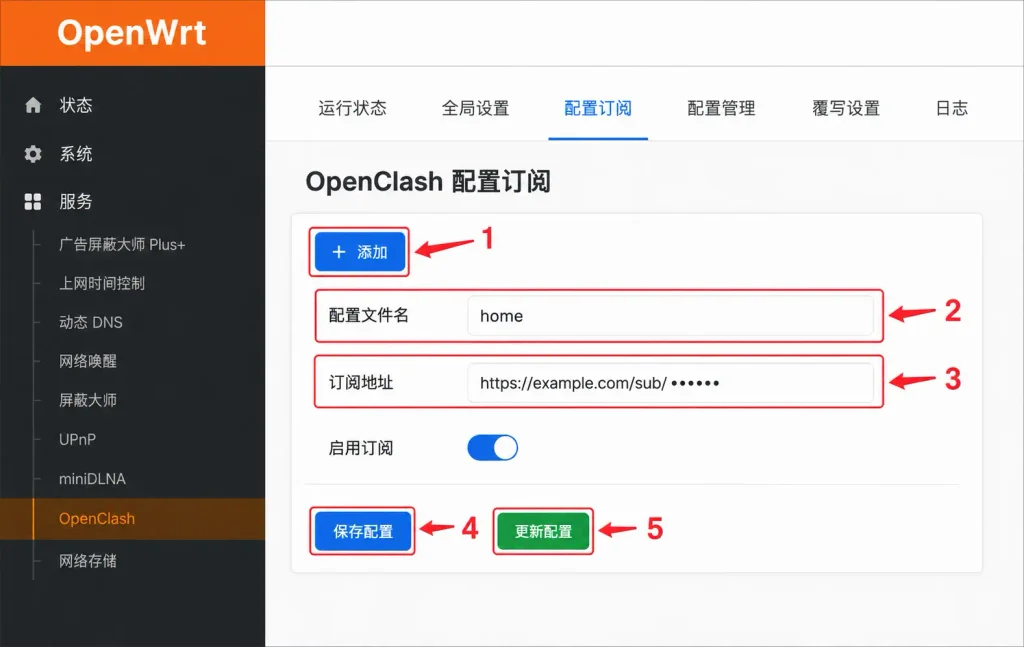 OpenClash配置订阅页面添加配置文件名、订阅地址并更新配置的操作步骤
