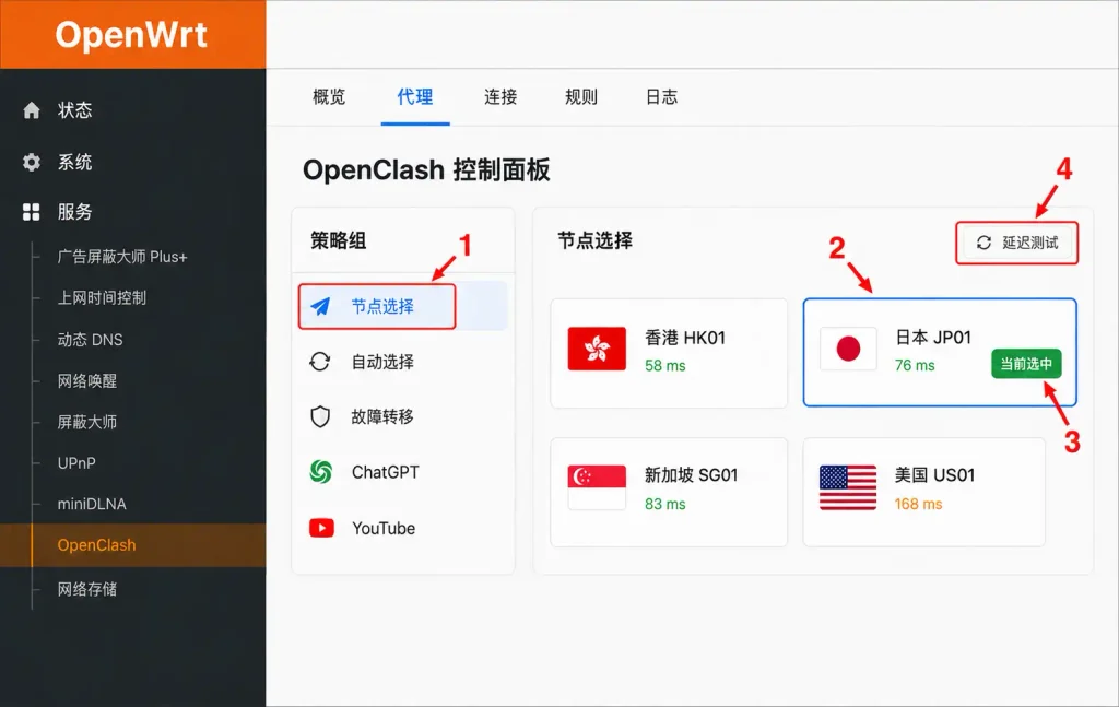 OpenClash控制面板选择策略组、测试节点延迟并切换节点