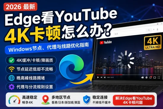 2026年Edge看YouTube 4K卡顿解决指南，介绍Windows节点、代理分流、晚高峰和稳定线路优化方法