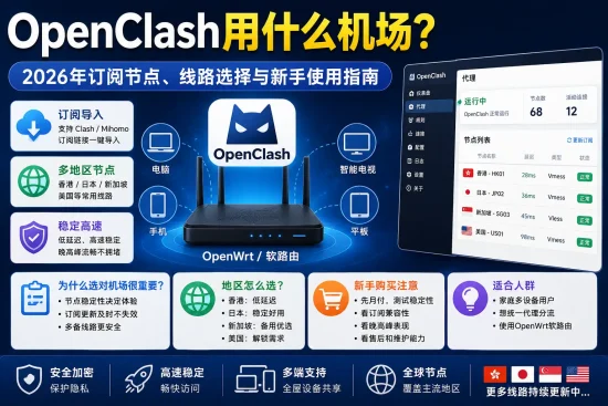 2026年OpenClash机场选择指南，介绍订阅节点、香港日本新加坡美国线路和OpenWrt软路由使用方法