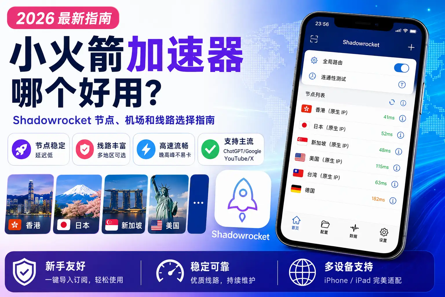 2026年小火箭加速器选择指南,介绍Shadowrocket节点、机场线路及香港日本新加坡美国节点选择