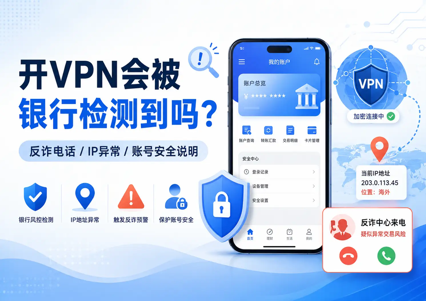开 VPN 会被银行检测到吗,反诈电话、境外 IP、银行风控与账号安全风险说明。