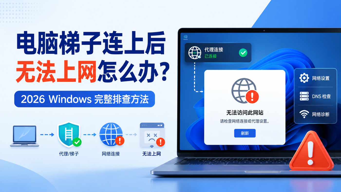 电脑梯子连上后无法上网怎么办,2026 Windows 电脑梯子完整排查方法
