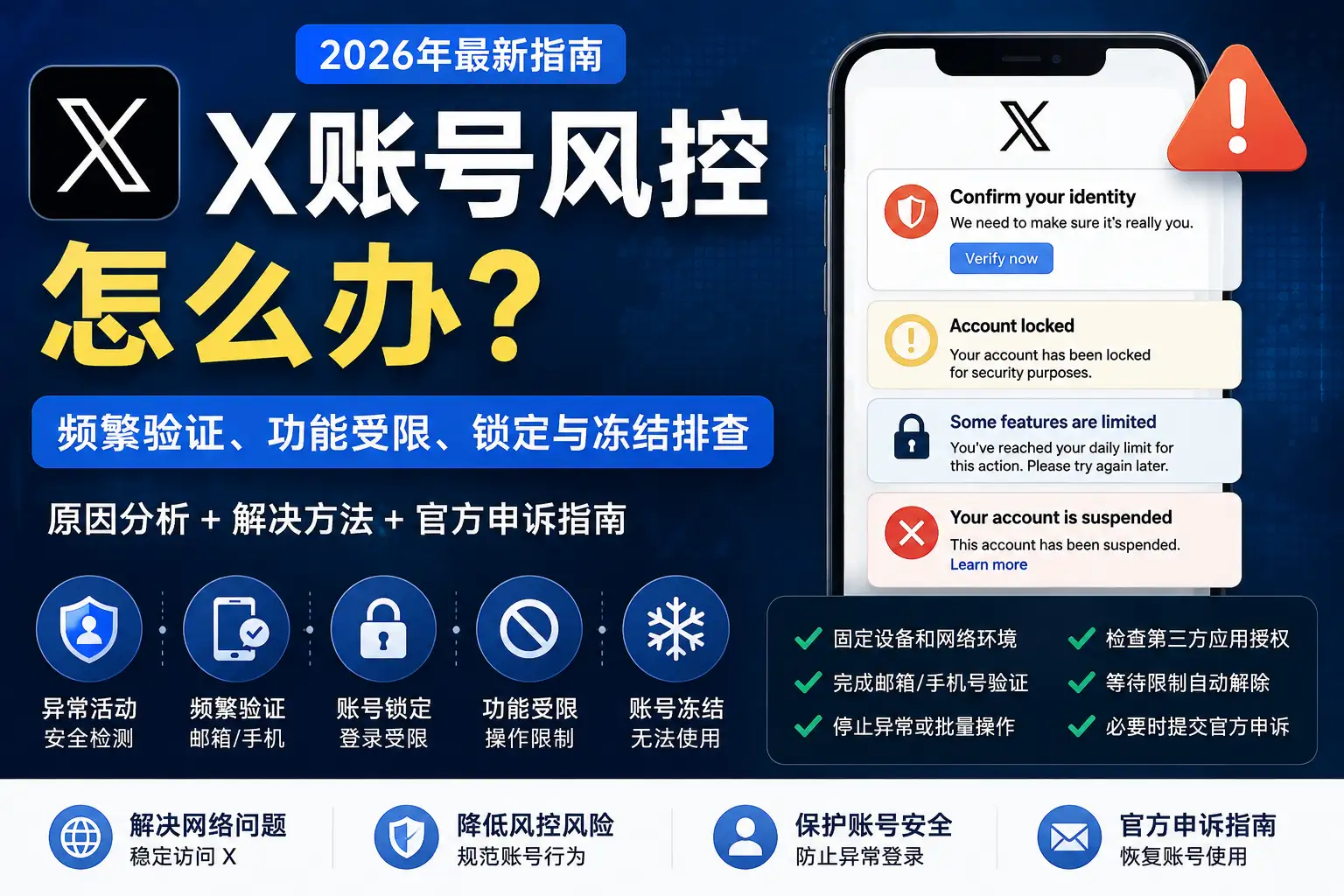 X账号风控怎么办，频繁验证、功能受限、账号锁定与冻结排查教程。