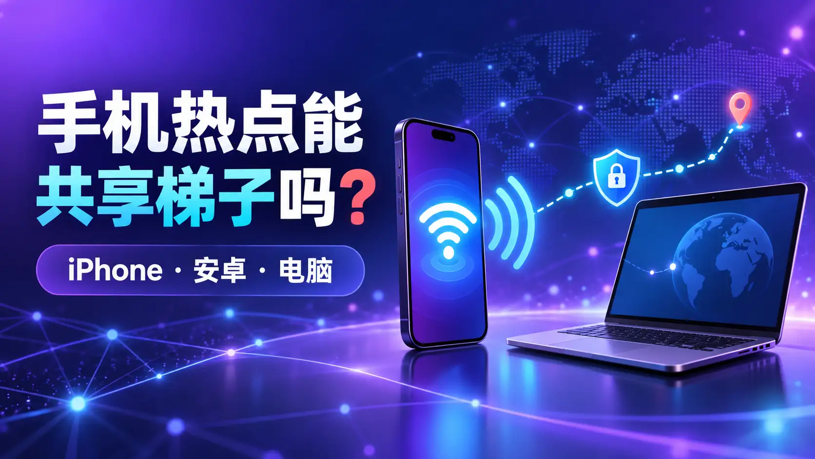 手机热点向iPhone、安卓和电脑共享梯子网络的连接示意图