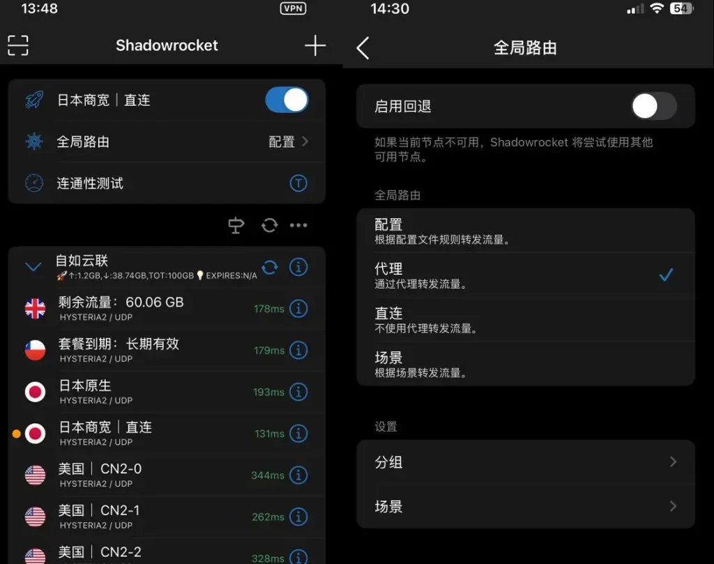 iPhone上的Shadowrocket全局路由设置界面,展示配置、代理、直连和场景分流选项