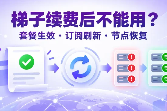 梯子续费后不能用时检查套餐生效、订阅刷新和节点恢复的排查示意图