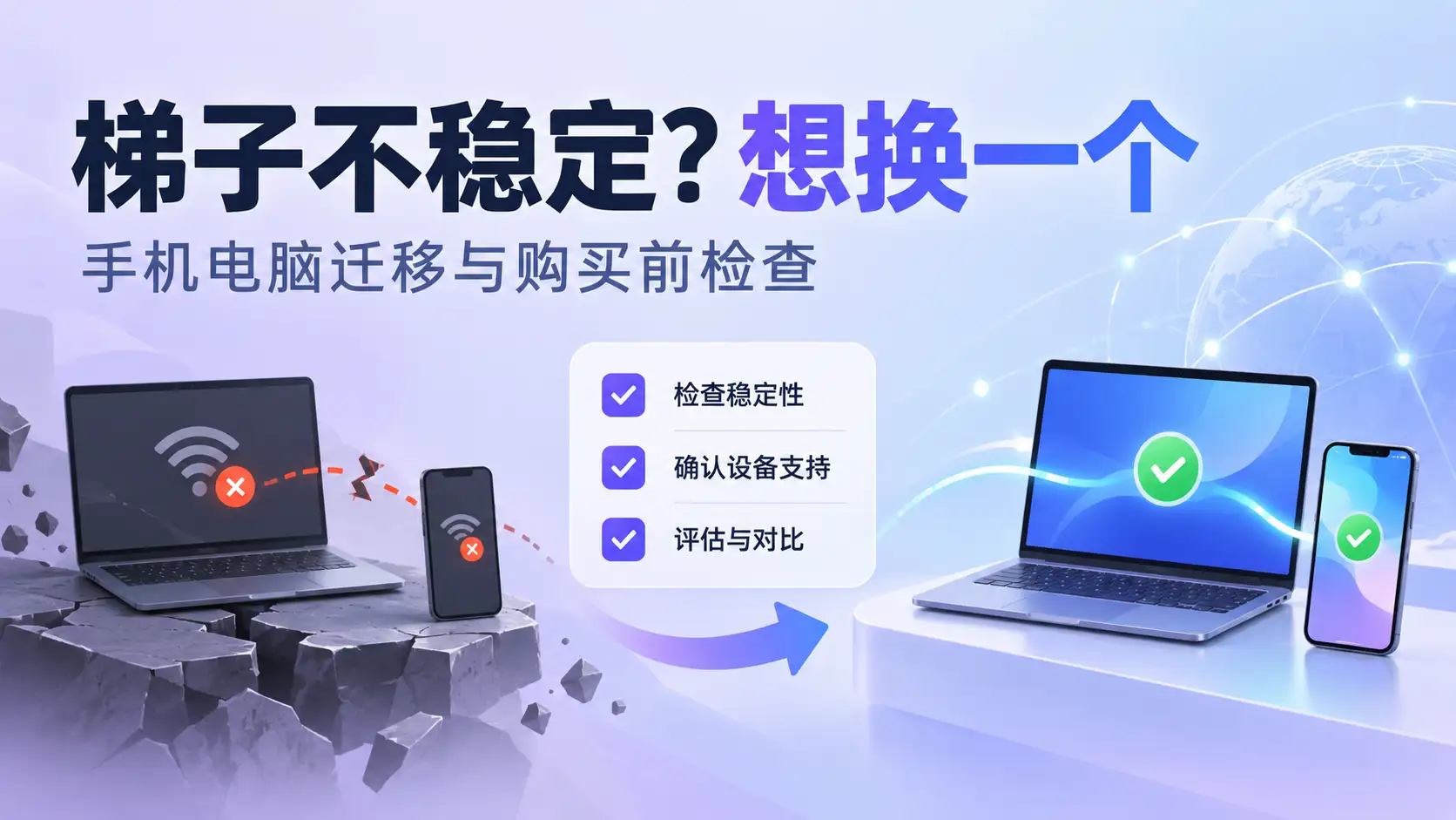 梯子不稳定想换一个?检查线路稳定性和设备支持后,将手机电脑切换到新服务的示意图
