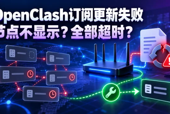 OpenClash订阅更新失败故障排查图，展示节点不显示、全部超时和配置修复方法
