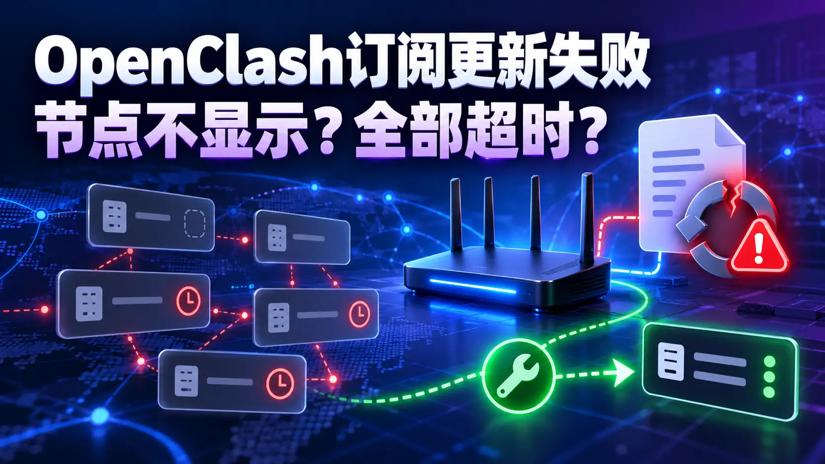 OpenClash订阅更新失败故障排查图，展示节点不显示、全部超时和配置修复方法