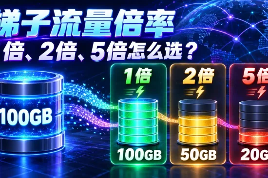梯子流量倍率对比图，展示100GB套餐使用1倍、2倍和5倍节点时分别可用100GB、50GB和20GB